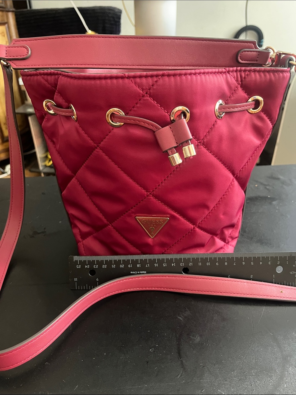 GUESS Quilted Drawstring Crossbody Bag - Raspberry